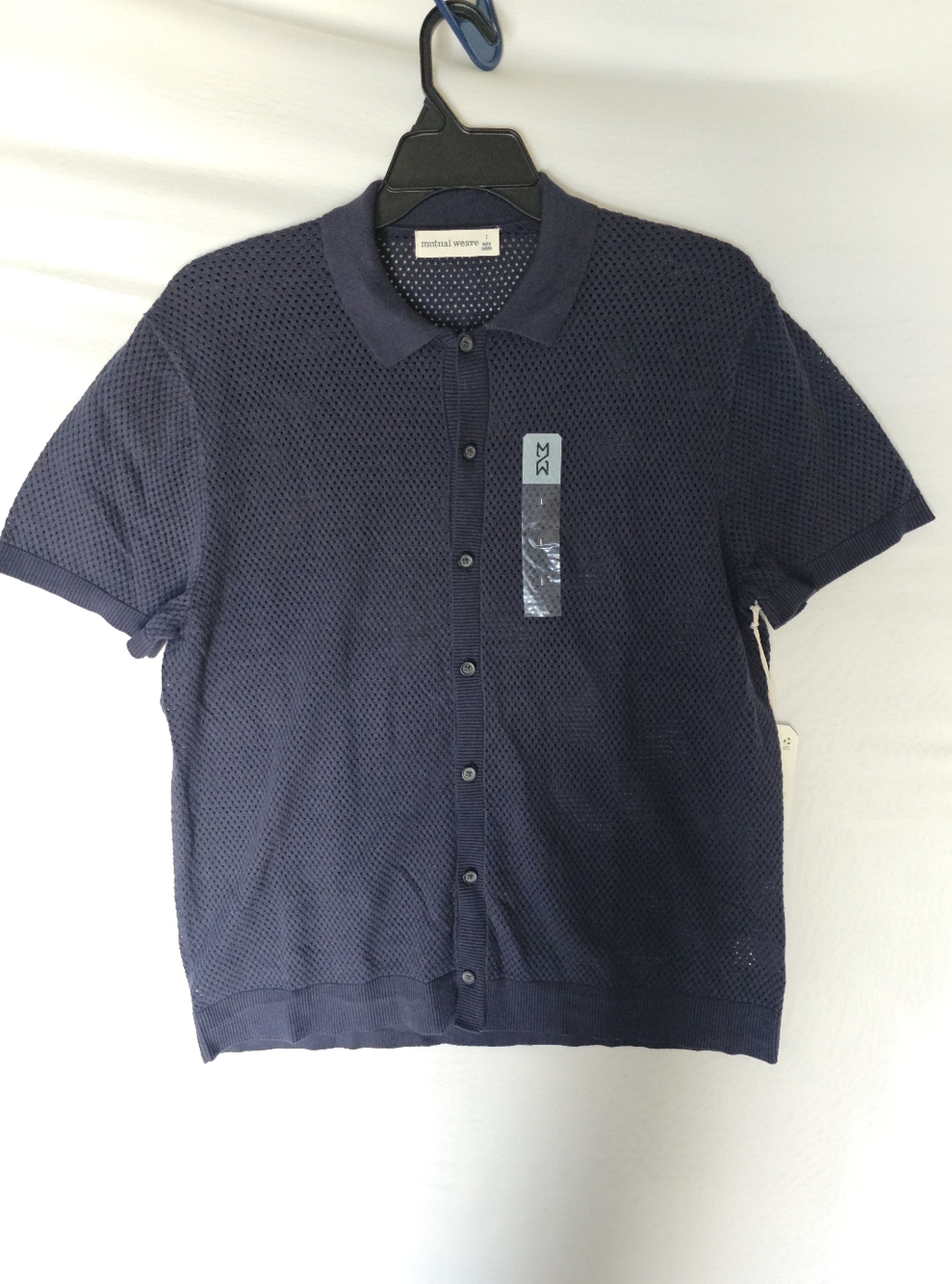 Mutual Weave Men's Short Sleeve Crochet Knit Polo Shirt Mesh Button Down Size L